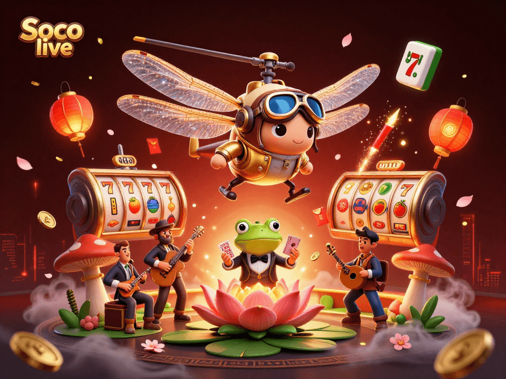 Soco live showcases a vibrant casino scene with animated characters, spinning slot reels, and lively atmosphere.