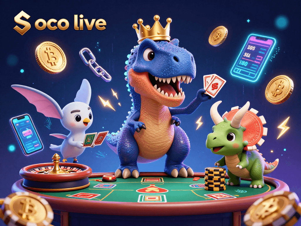 Experience thrilling action with the Soco live casino scene featuring playful dinosaurs and vibrant crypto elements.