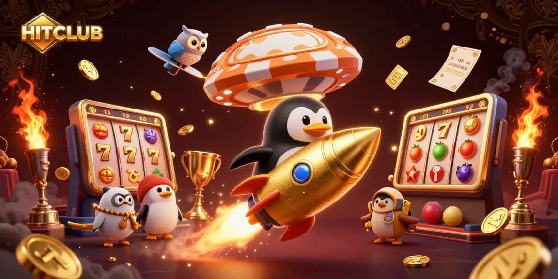 Experience slot gaming excitement at HITCLUB with a vibrant 3D penguin racing towards a casino station.