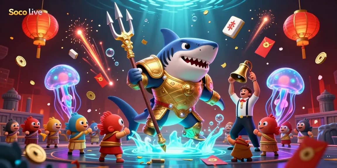 Soco live features a 3D tiger shark in gladiator armor surrounded by festive gambling elements in an underwater casino.