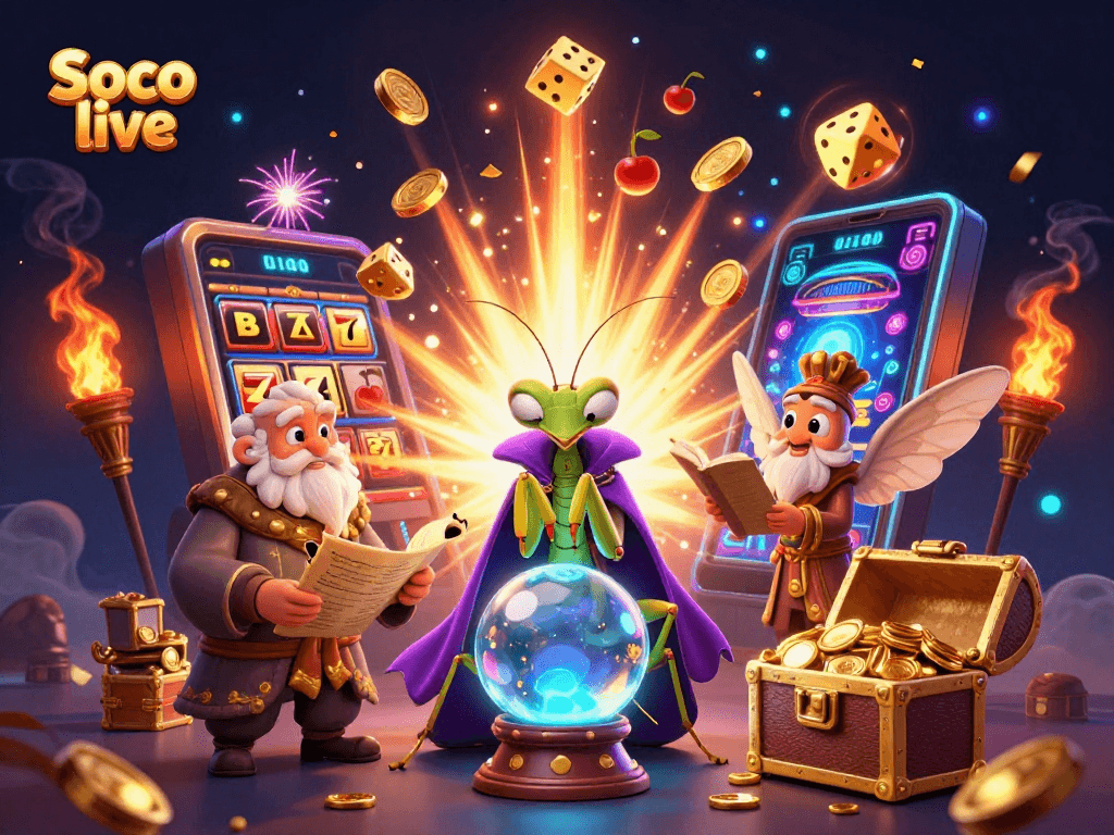 Soco live showcases a vibrant 3D scene depicting a fortune teller, librarian, and casino-themed elements bursting with excitement.