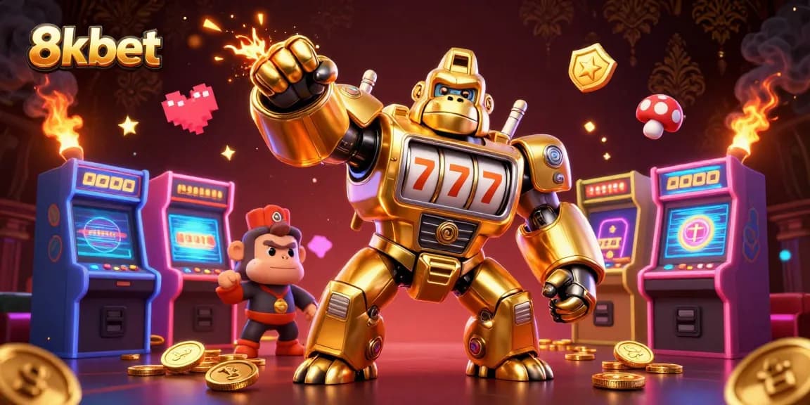 Experience thrilling wins with 8kbet as the golden gorilla mech bursts with coins in a lively casino scene.