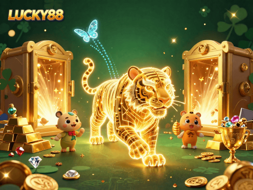 Engage with LUCKY88’s vibrant 3D casino scene full of treasure and excitement, featuring a golden tiger.