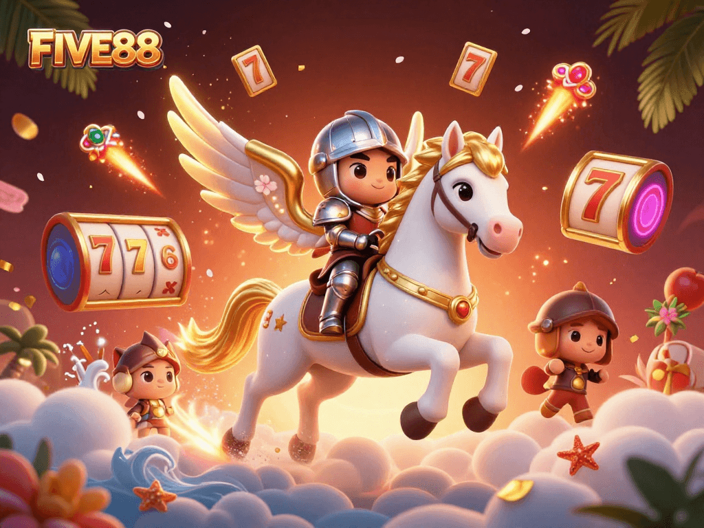 Experience the excitement of FIVE88 with 3D fantasy characters amidst vibrant casino elements.