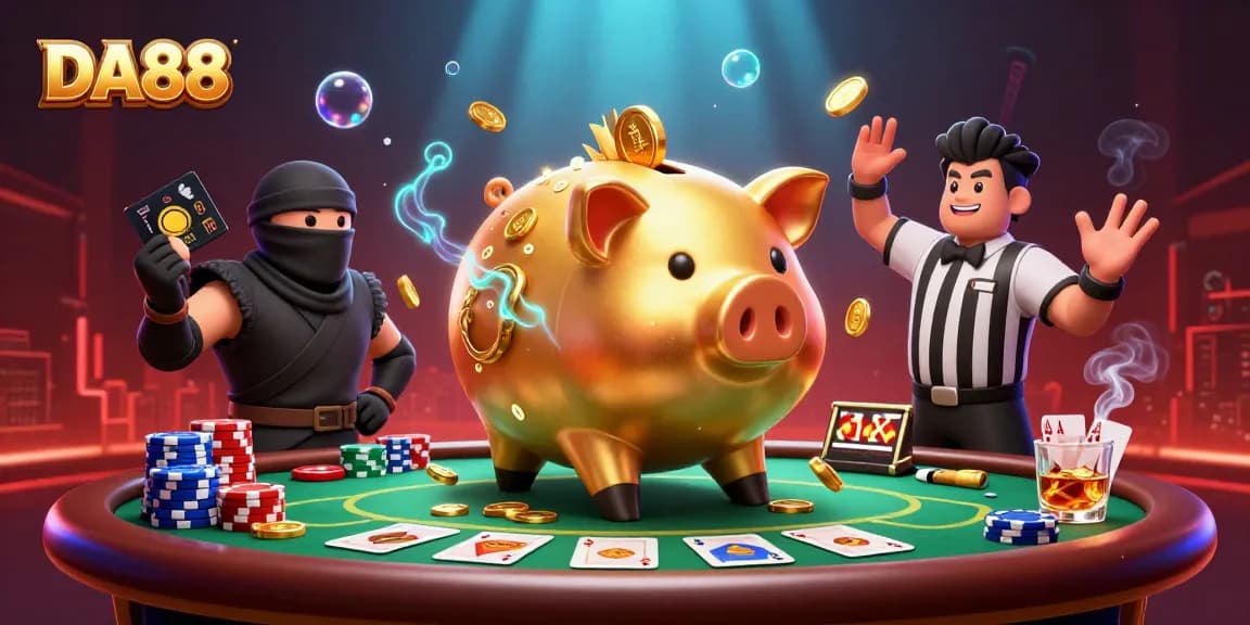 DA88 unleashes excitement as a giant piggy bank sumo wrestler shakes coins while gaming at a poker table.