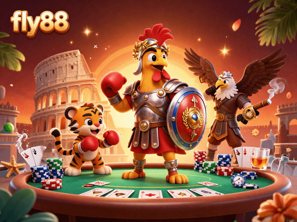 Engage with fly88's exciting gambling activities featuring poker tables, chips, and dynamic characters in a lively casino.