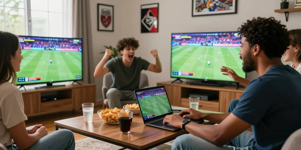 Nejlepší zahraniční sázkové kanceláře, přátelé se baví při sázení na sportovní události doma s jídlem a nápoji.