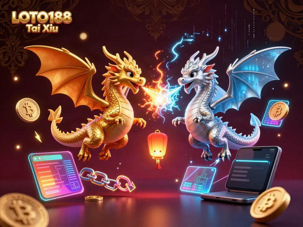 Engage in the thrilling world of LOTO188 Tai Xiu with a vibrant 3D dragon illustration showcasing fiery and icy elements.