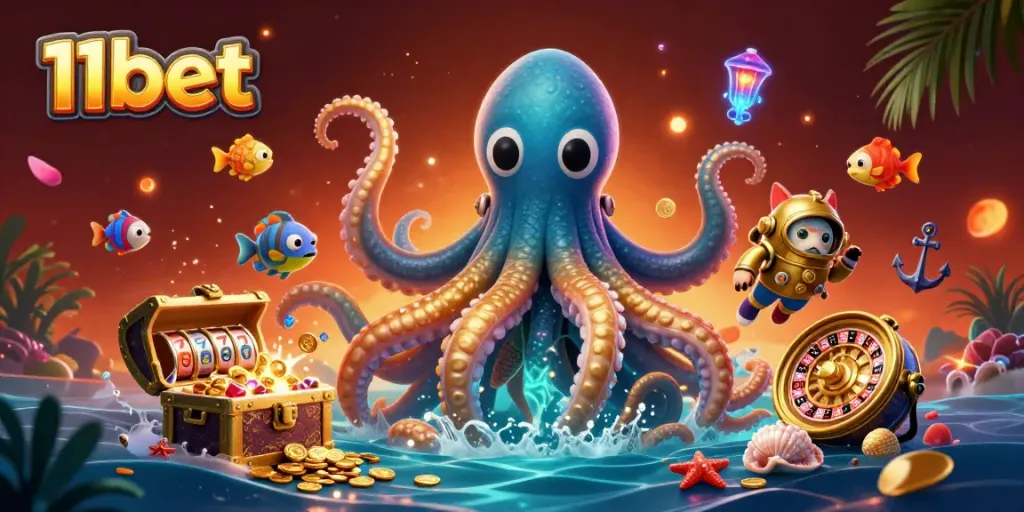 Win big at 11bet with a thrilling underwater gaming adventure showcasing slot reels and a golden kraken.