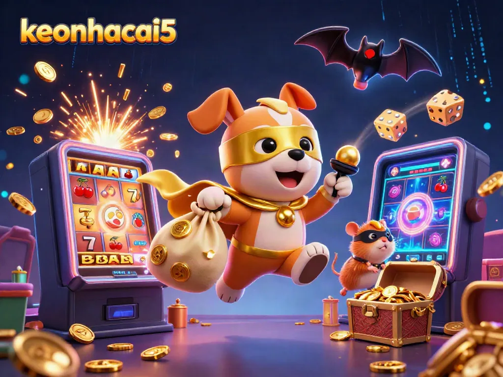 Experience dynamic gaming action with keonhacai5 as a superhero dog flies with coins, casino elements, and vibrant energy.