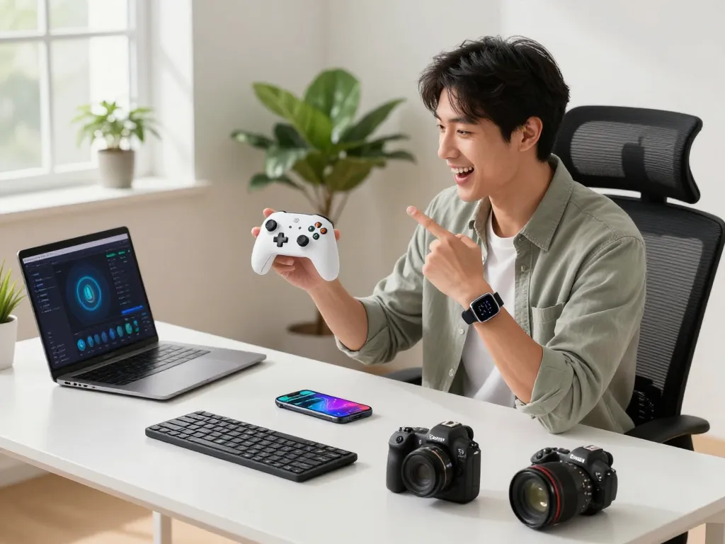Engaging scene with smart tech gadgets including a Bluetooth controller and smartwatch in a modern workspace.