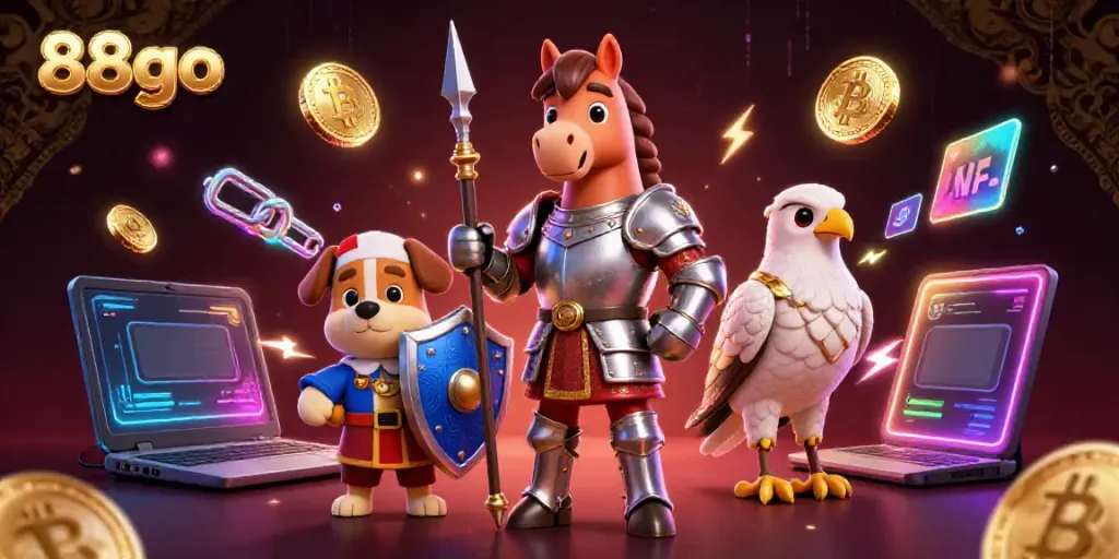 Experience thrilling gameplay at 88go with a vibrant 3D casino scene featuring knights and cryptocurrency.