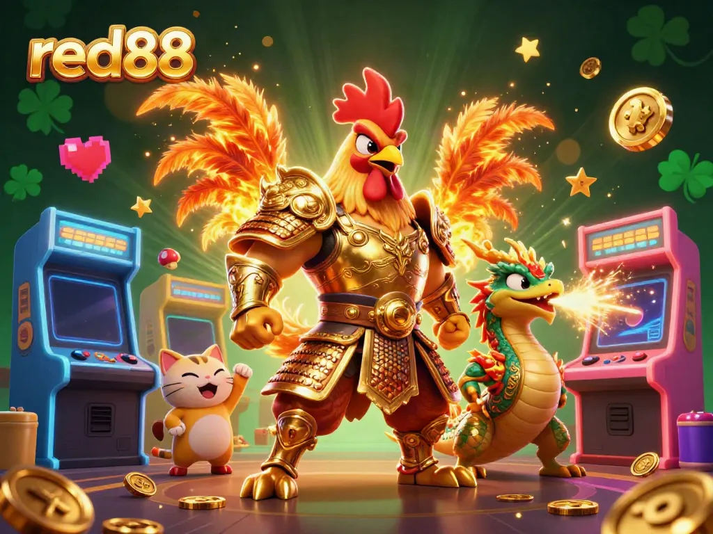 Engage with the vibrant red88 casino scene featuring a warrior rooster, dragon hatchling, and fortune cat.