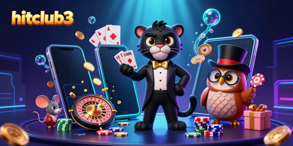 Play engaging games at hitclub3, featuring a stylish panther dealer surrounded by vibrant casino elements.