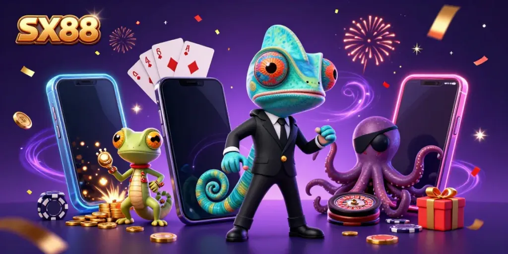 Engage in thrilling gameplay at SX88 with vibrant characters and lively gambling elements.
