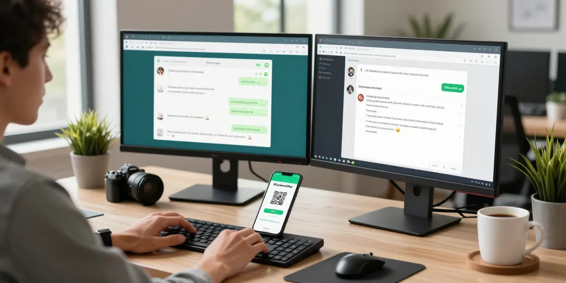 Engaging workspace showcasing WhatsApp網頁版 on dual monitors and smartphone.