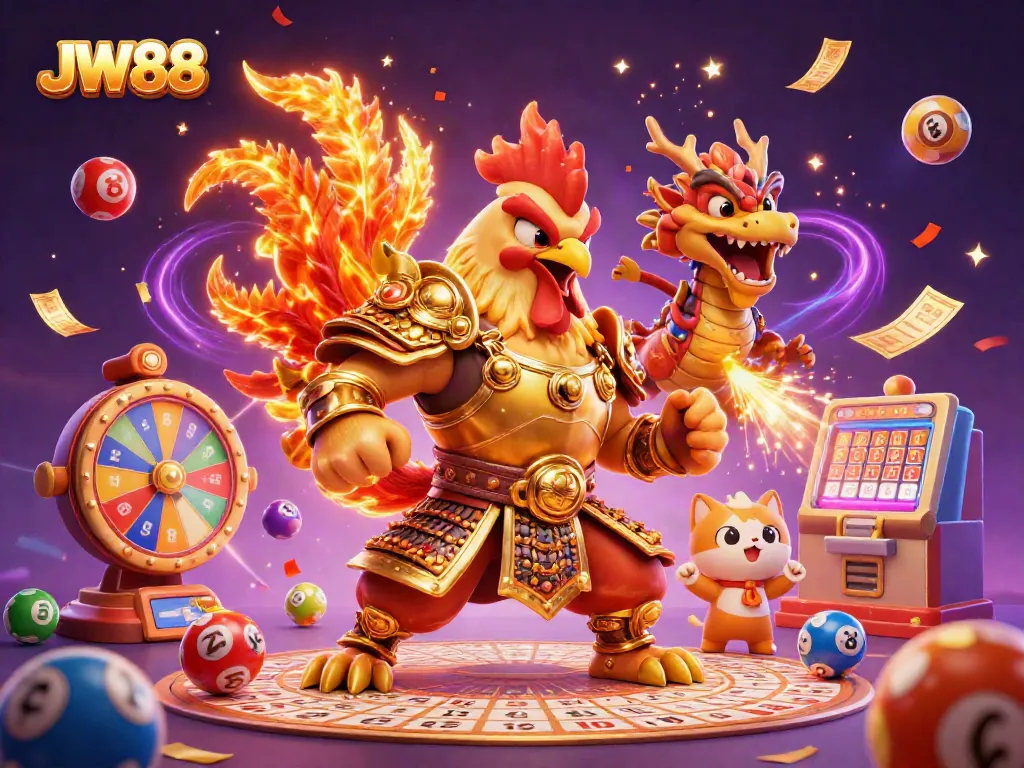 Experience thrilling gaming at JW88 with a dynamic illustration featuring exciting casino elements.