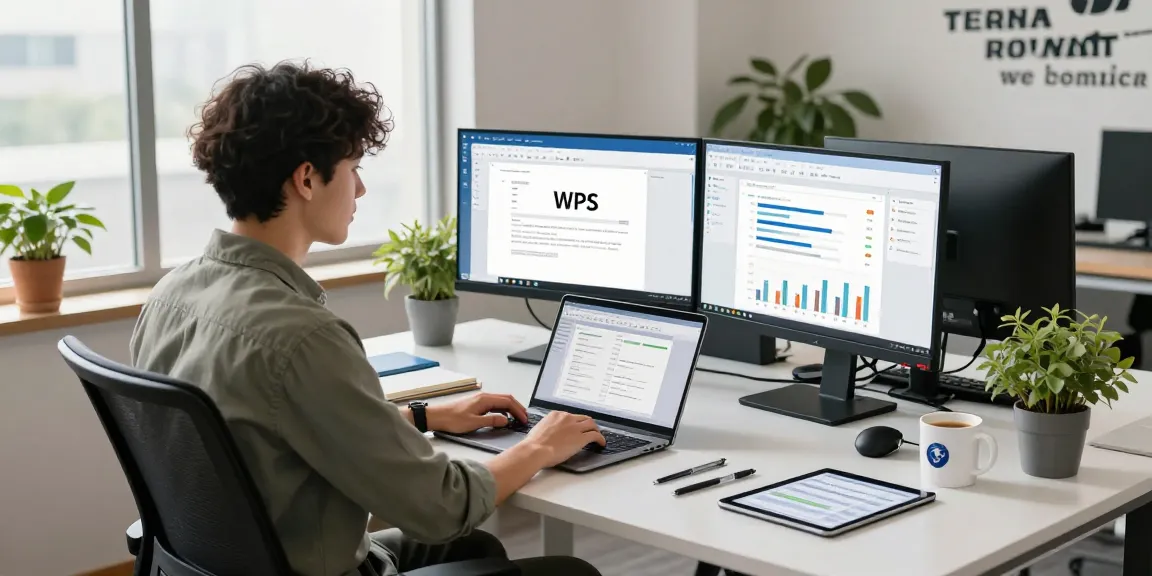 Efficient workspace featuring WPS Download on dual monitors, vibrant office environment.