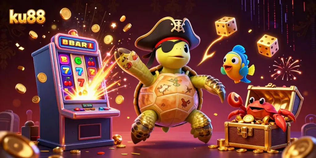 Engage with ku88's vibrant games as the pirate turtle and friends celebrate a jackpot explosion.