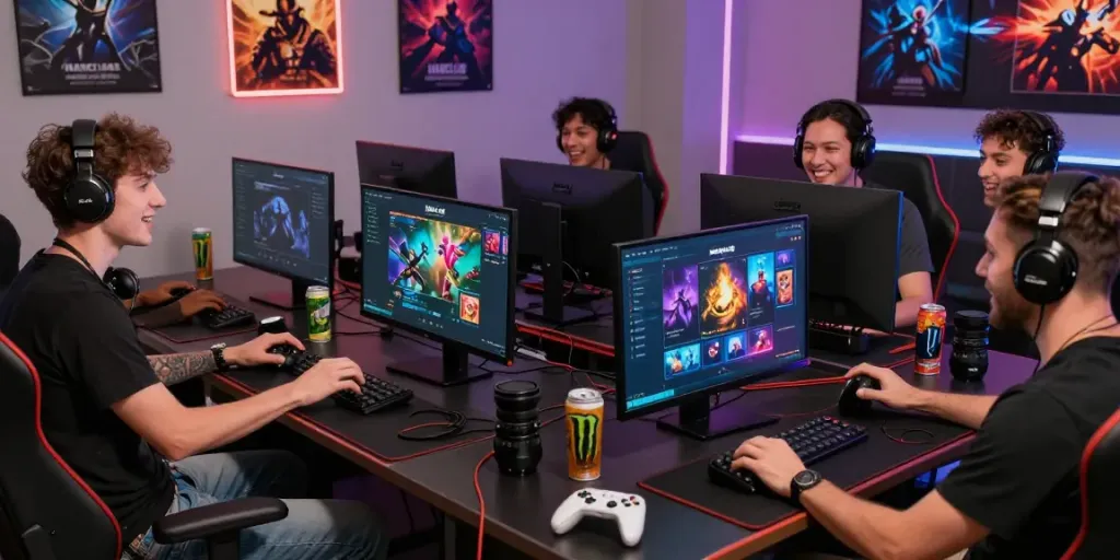 Men enjoying gaming at MANCLUB, showcasing vibrant digital interface and accessories.