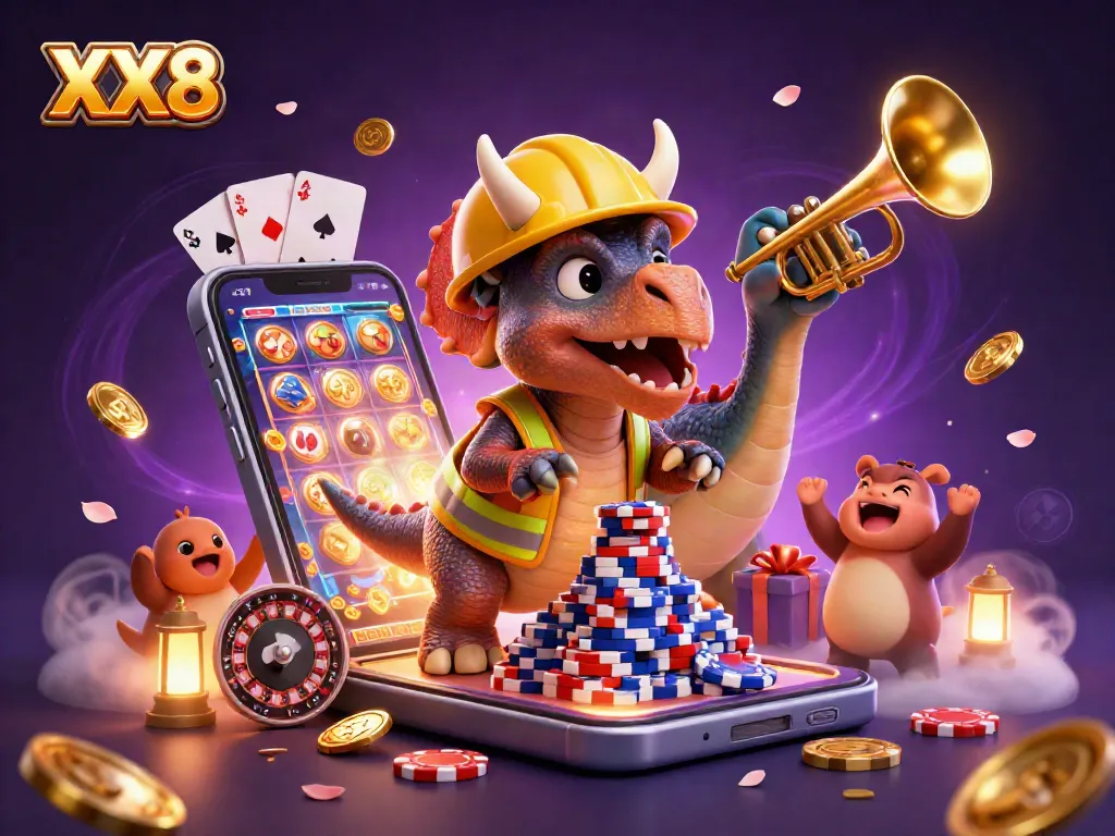 XX8 casino scene with triceratops building poker chips and winning celebrations