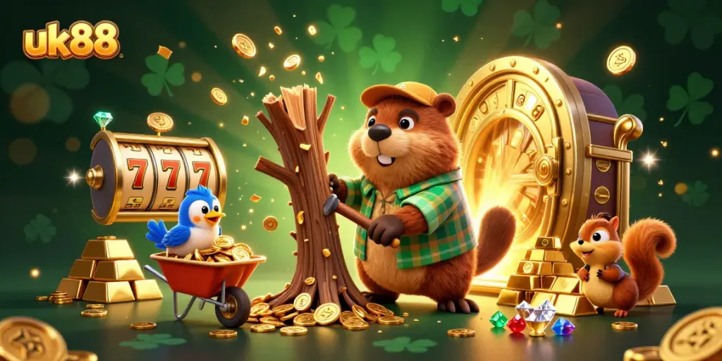 Engage in UK88's gaming world as the lumberjack beaver uncovers golden treasures.