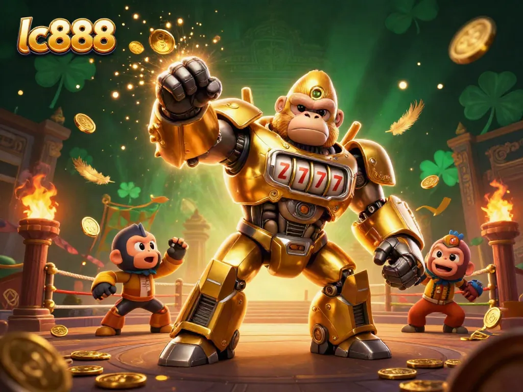 Experience excitement at lc888 with an explosion of coins and a gambling-themed golden gorilla mech.