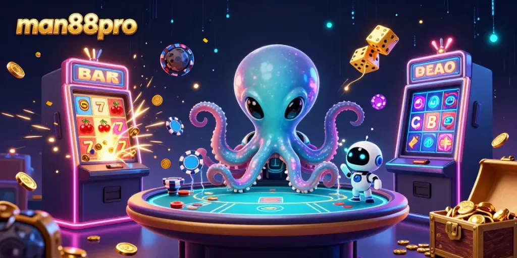 Engage in thrilling gaming action at man88pro with a vibrant 3D casino scene featuring jackpots and dynamic gameplay.