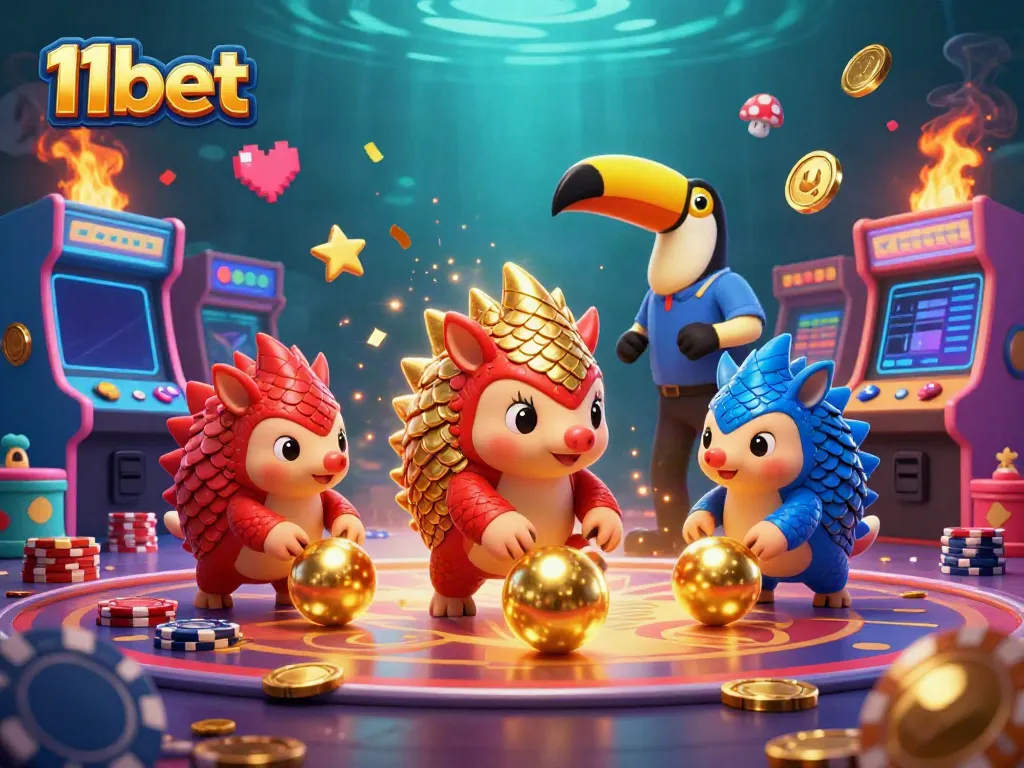Experience the thrill of 11bet with rival pangolins competing in an exciting casino scene filled with vibrant gaming elements.