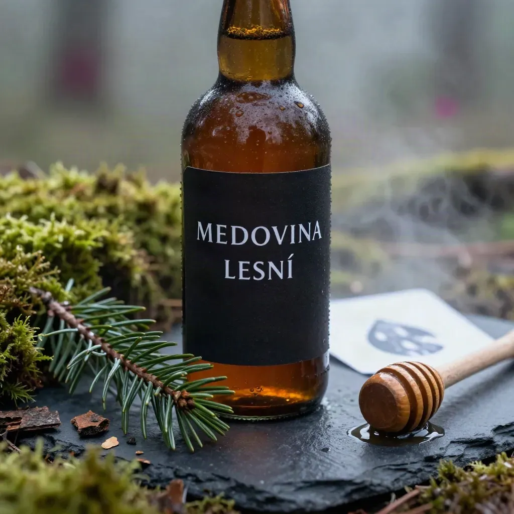 Detail lahve medoviny na tmavé břidlici s mechem, smrkovou větvičkou a dřevěnou naběračkou.