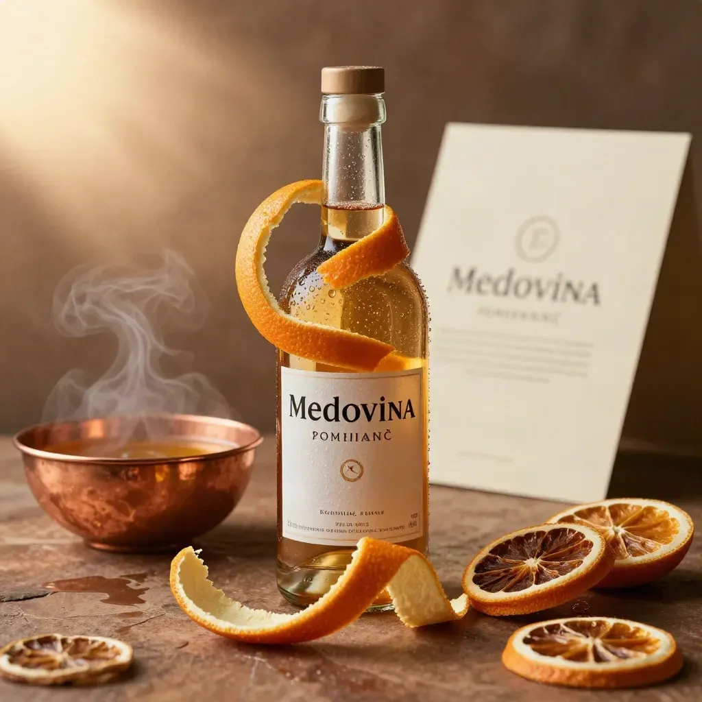 Láhev medoviny s pomerančem, sušenými citrusy a měděnou miskou v teplém světle.