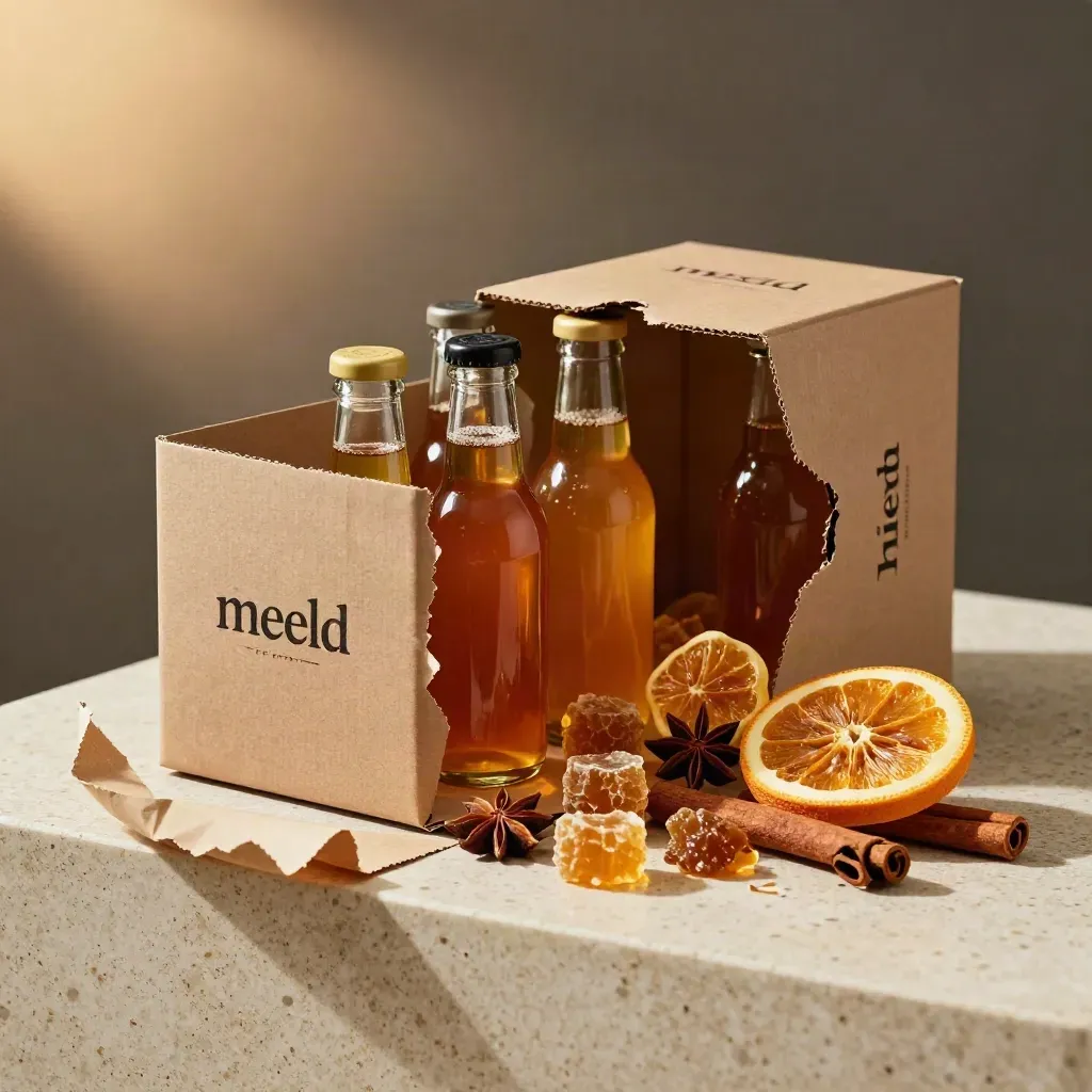 Výbušný sampler box medoviny s mini lahvemi, medovou pláství a citrusy na travertinu.