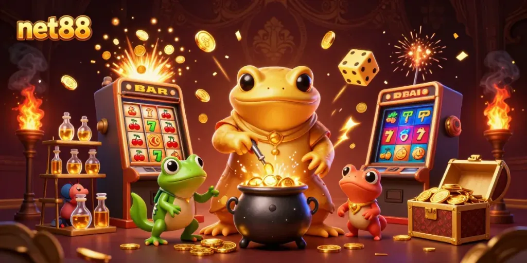Experience the magic of net88, where the alchemist transforms base metals into gold coins in a lively casino environment.