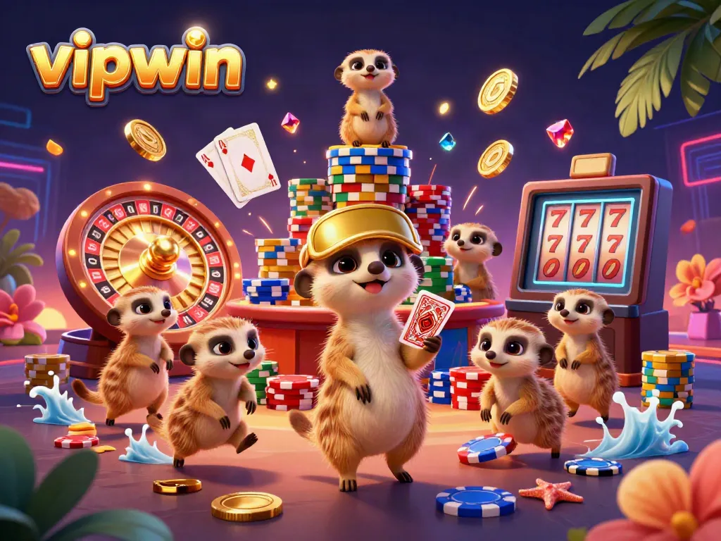 Experience thrilling casino action with vipwin's cartoon meerkats managing games amidst cascading gold coins and cards.