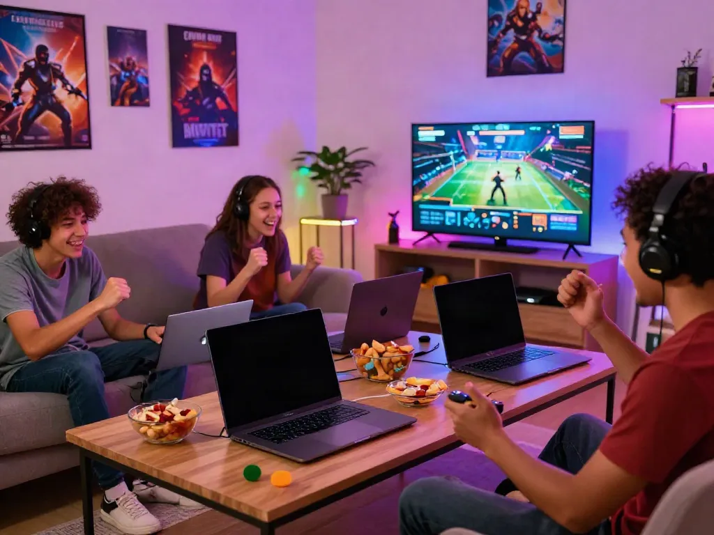 Friends enjoying an engaging gaming session at home, highlighting the vibrant atmosphere of https://playsv88.net/.