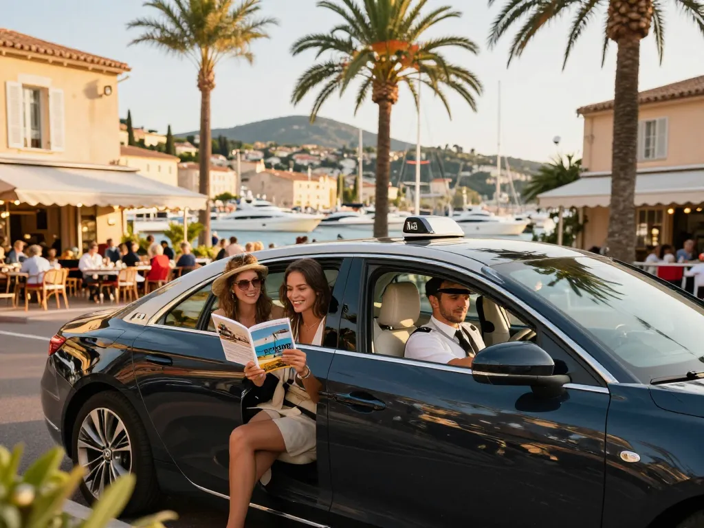 Passagers de Taxi Saint-Tropez profitant d'une course luxueuse dans une berline moderne au milieu des rues pittoresques de la Méditerranée.