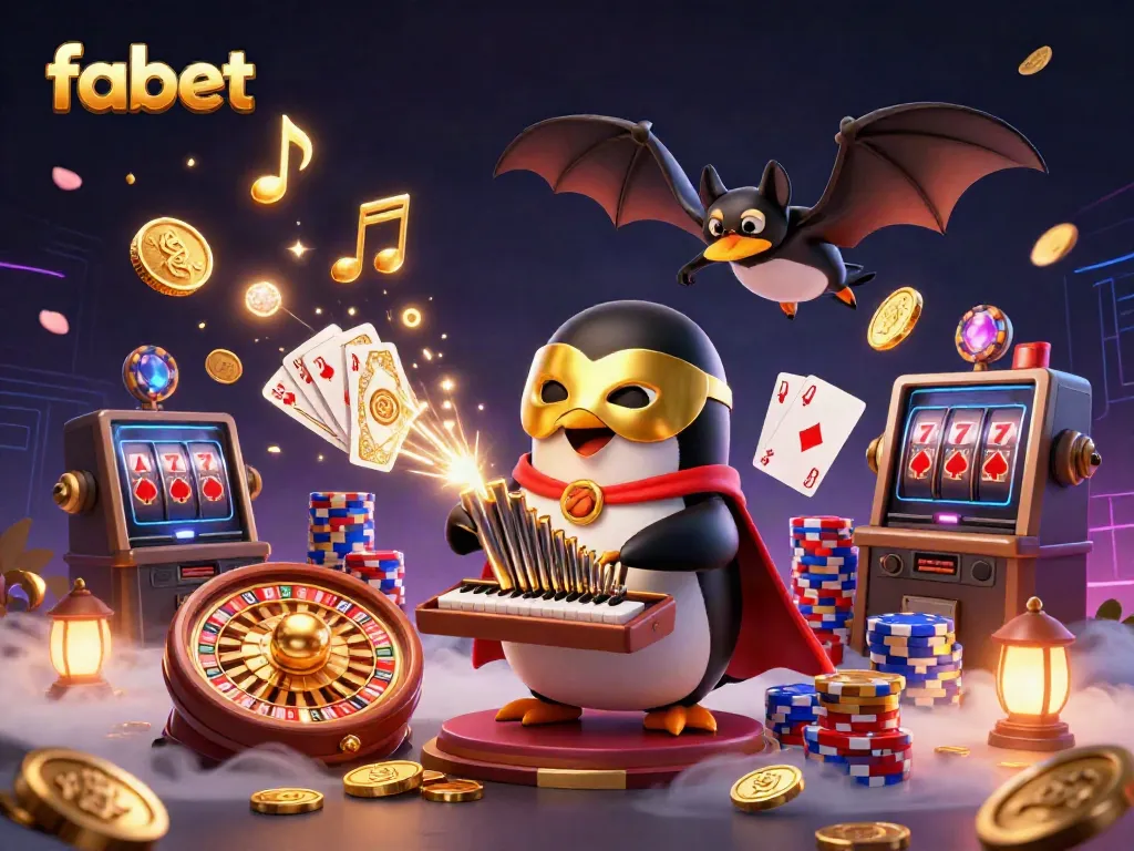 Experience fabet with a stunning 3D casino scene featuring a penguin organist shooting golden coins and acrobat above.