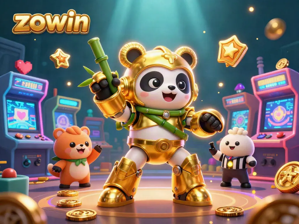 Zowin showcases a dynamic gaming scene with a golden panda piloting a bamboo robot amidst vibrant arcade elements.
