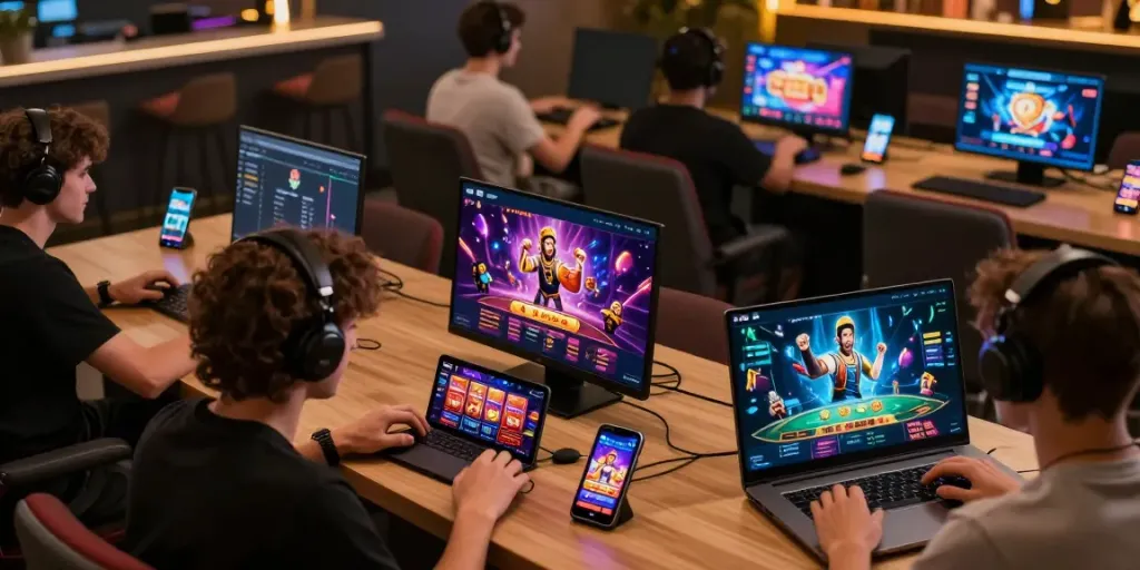 Players enjoying the hitclub gaming experience on multiple devices.