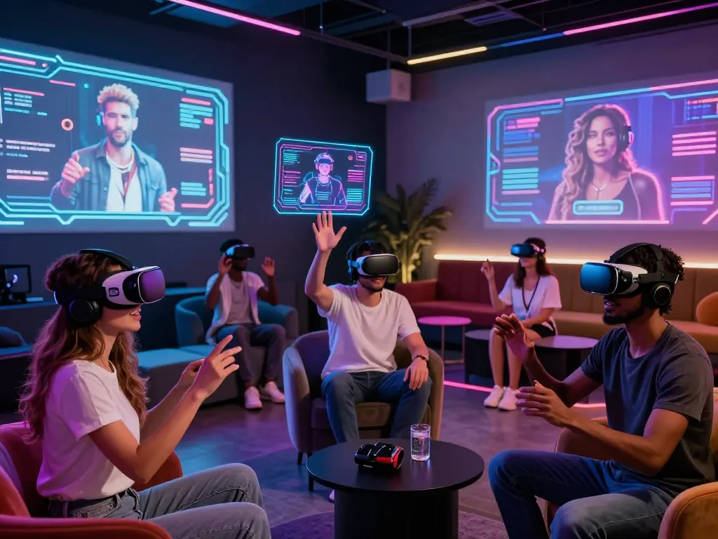 Dynamic digital art scene representing the evolution of ai porn in a futuristic VR setting.