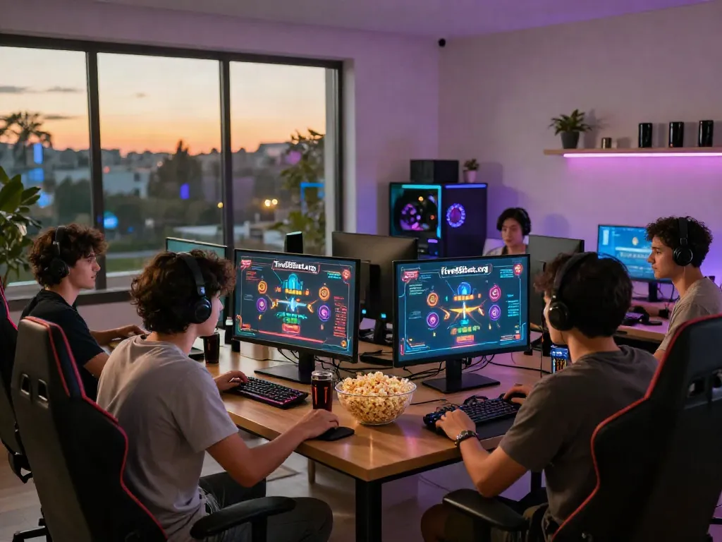 Exciting gaming scene with friends enjoying online betting at https://five88bet.org/ in a vibrant living room.