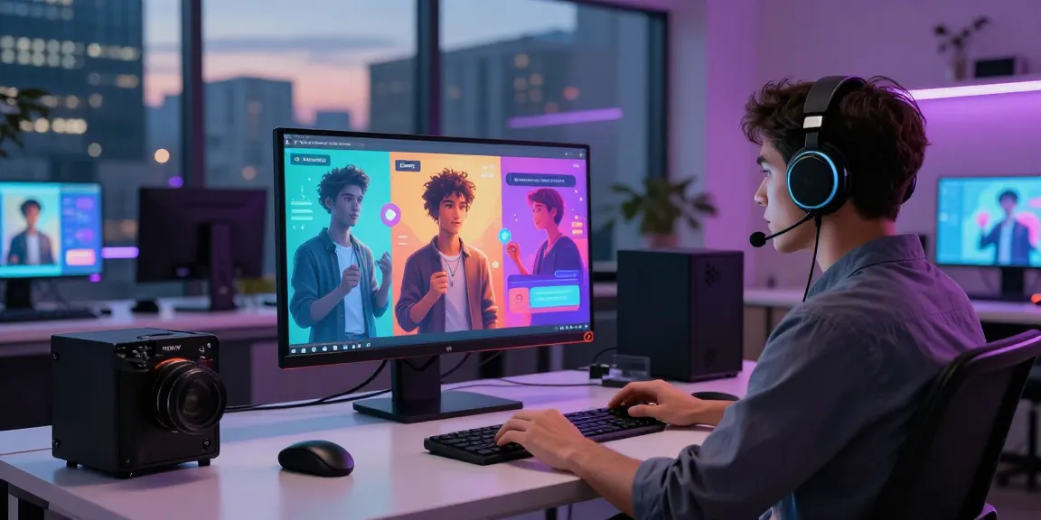 Engaging user in NSFW AI interactions with vibrant character visuals in a modern workspace