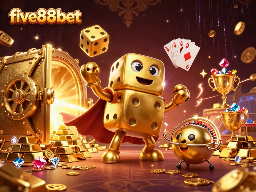 Check out the vibrant five88bet illustration featuring golden dice and casino treasures.