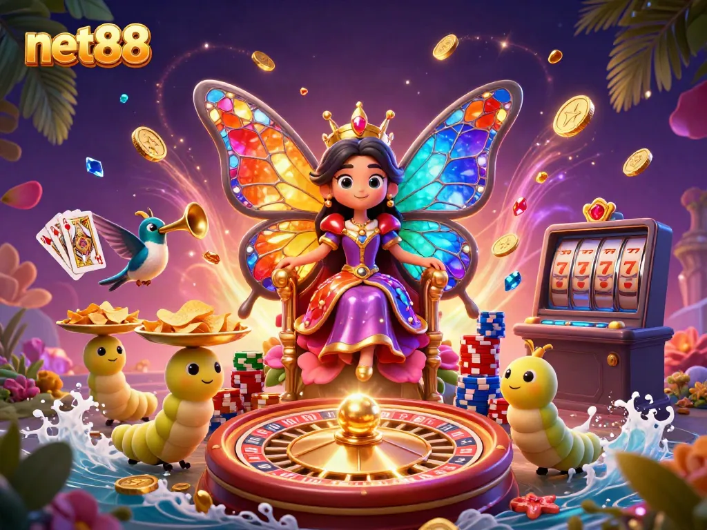 Experience thrilling gambling action with net88, featuring a vibrant butterfly queen and sparkling casino elements.