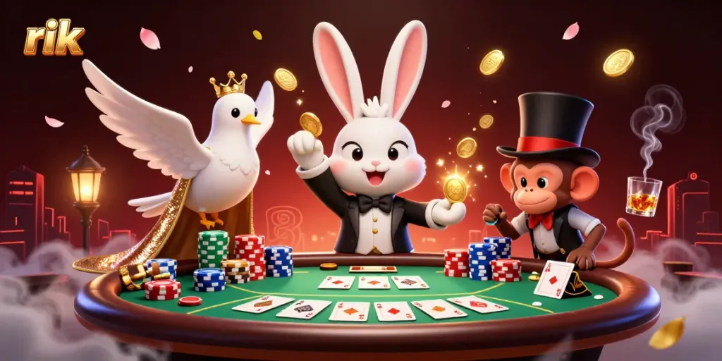 Experience the enchanting world of rik with a magician rabbit, dove, and monkey amidst a vibrant casino scene.