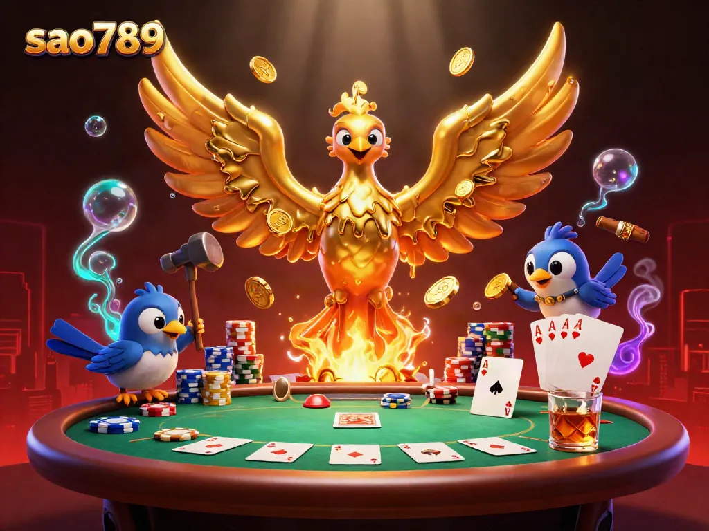 Sao789 features a molten metal phoenix and poker elements in a vibrant casino scene.