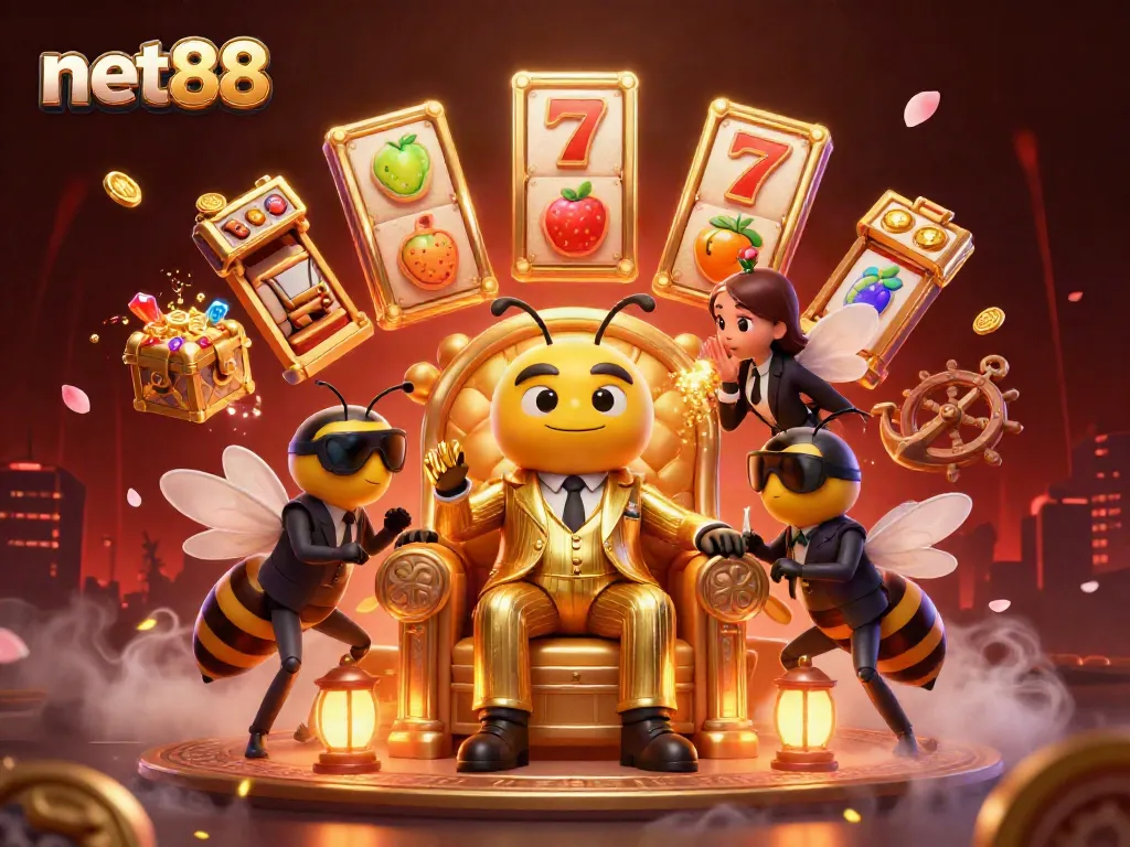 Experience net88 with fun slot games surrounded by a buzzing cartoon heist scene.