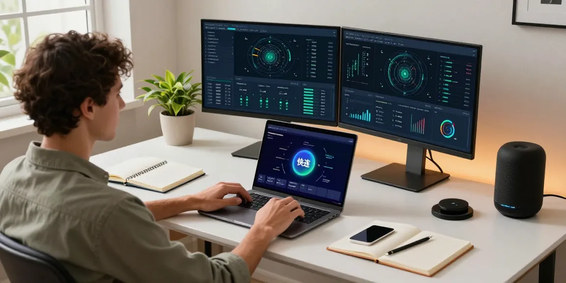 快连 software displayed on a user's laptop in a modern home office, reflecting enhanced network speed and productivity.