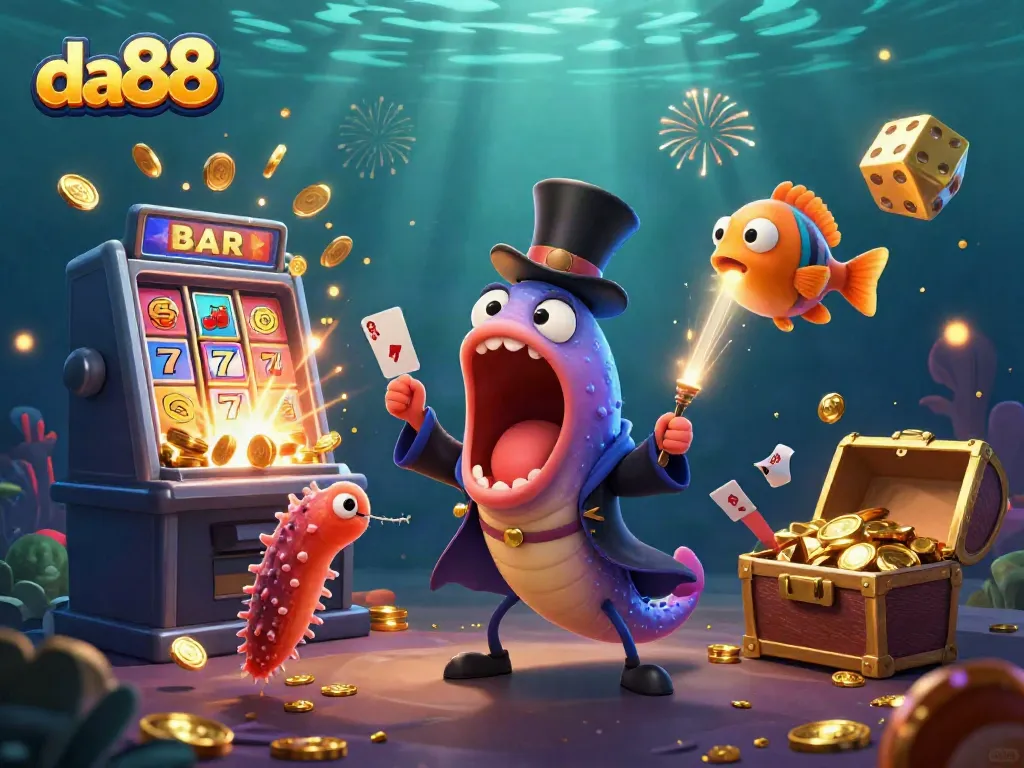 Join the thrilling world of da88 with a magical underwater casino experience featuring stunning card tricks and casino symbols.