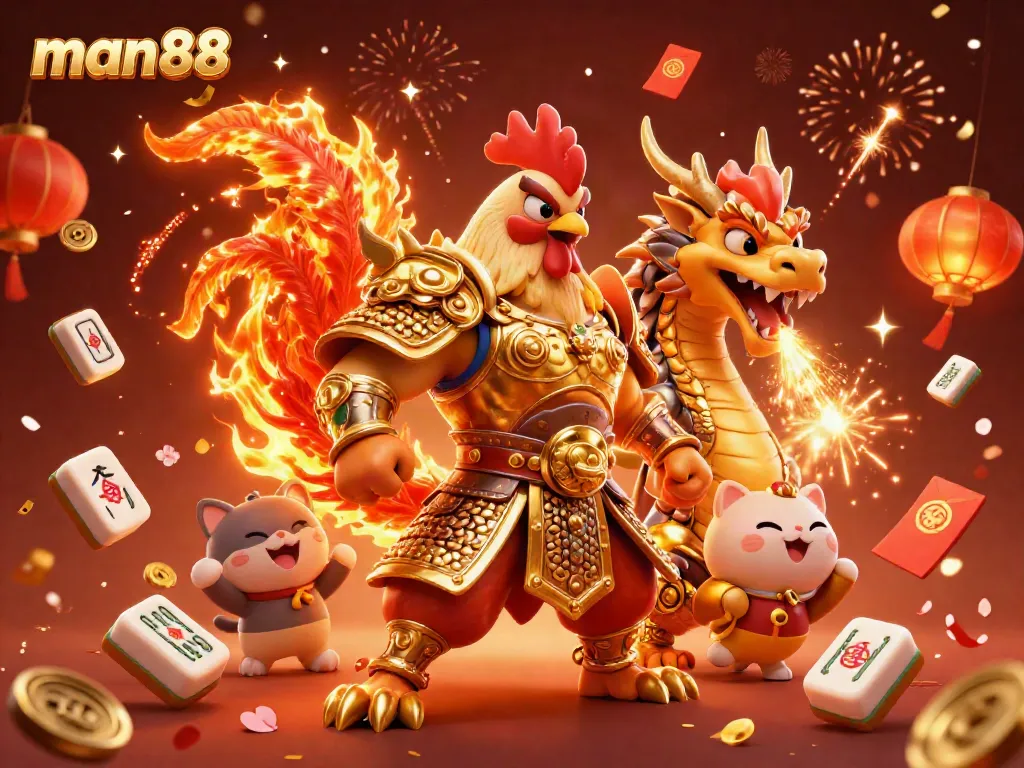 Join the excitement at man88 with vibrant characters and festive gambling elements celebrating luck and fortune!
